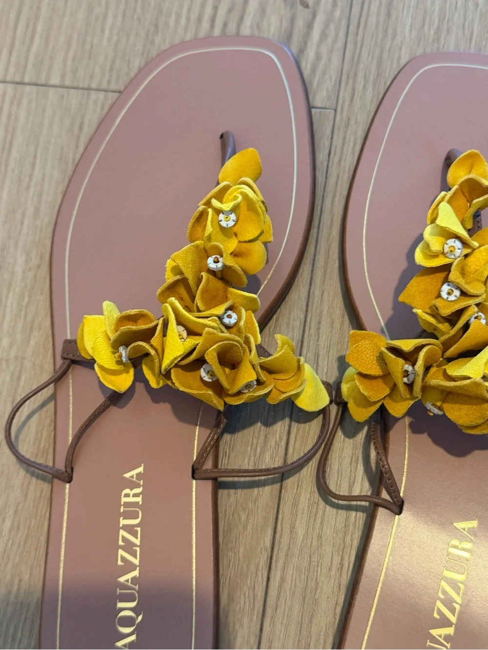 Aquazzura Yellow Floral Leather Thong Sandals